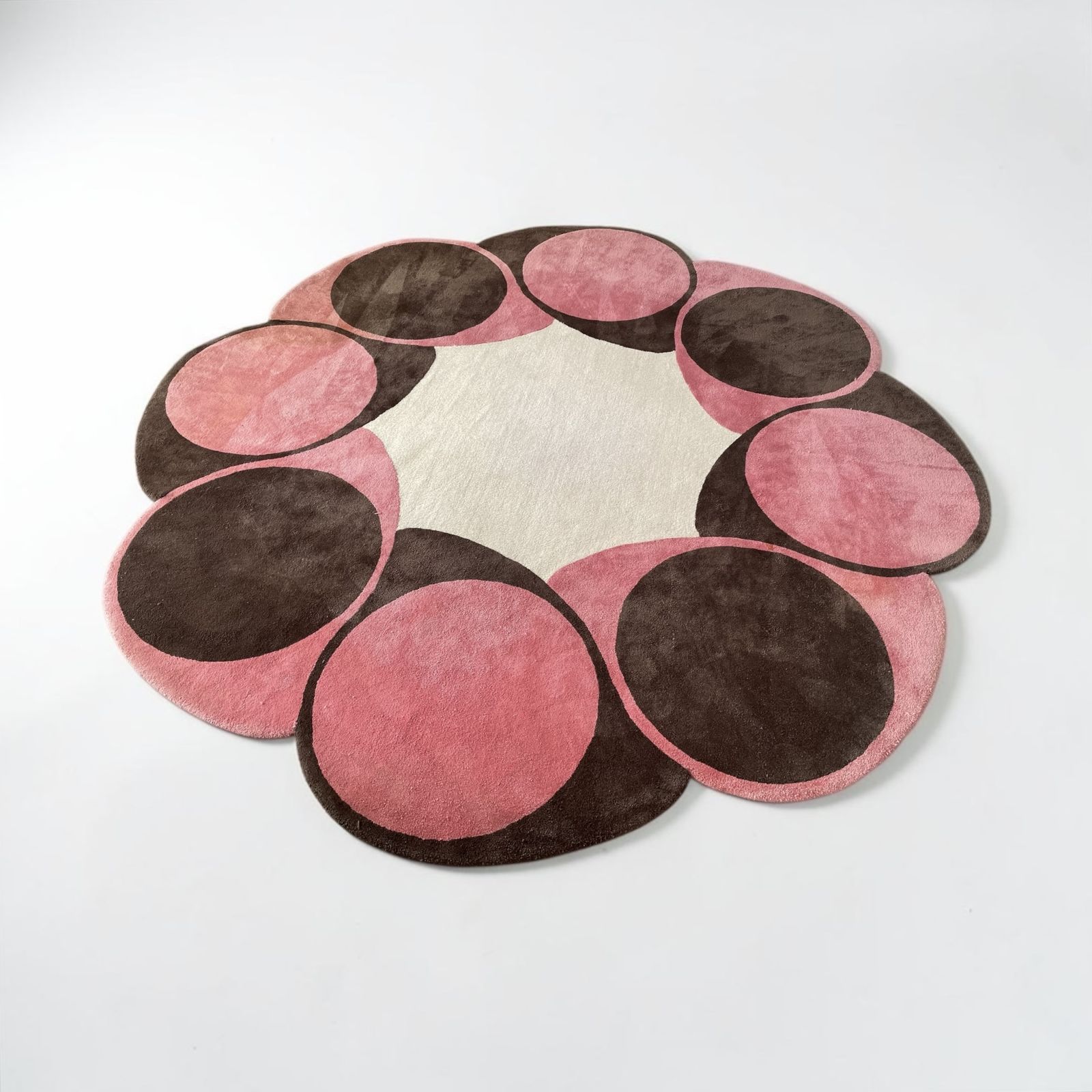Vintage Circular Rug In Brown, Pink And Cream