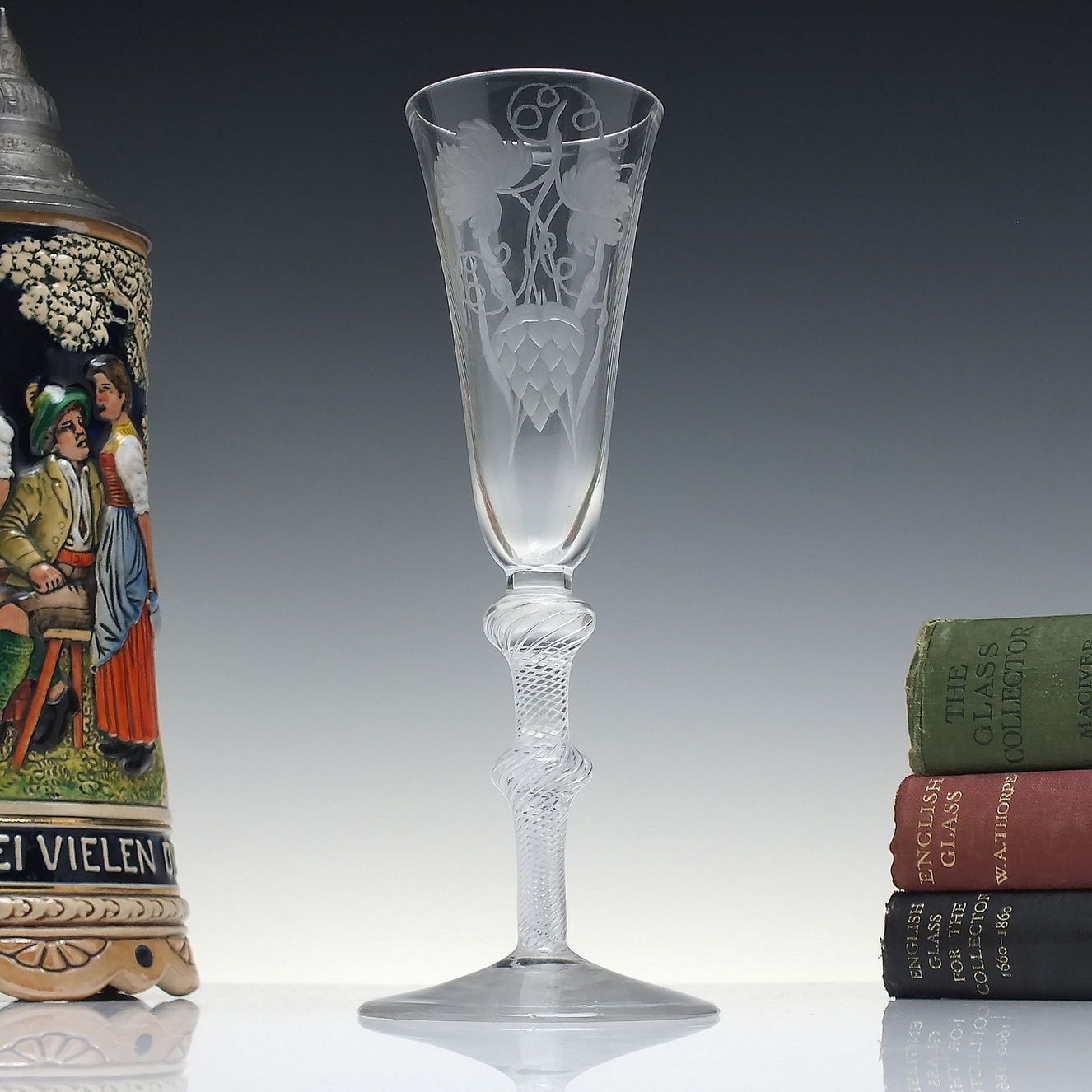 Tall 18th Century Engraved Double Knop Air Twist Ale Glass C1750   Over 8 Inches