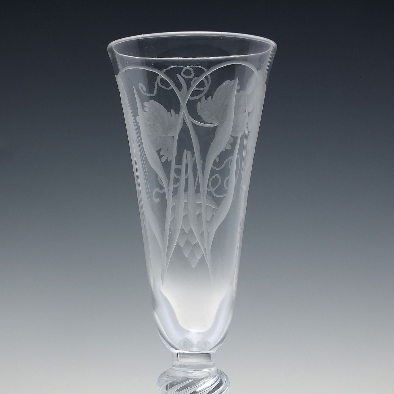 Tall 18th Century Engraved Double Knop Air Twist Ale Glass C1750   Over 8 Inches photo 550.0