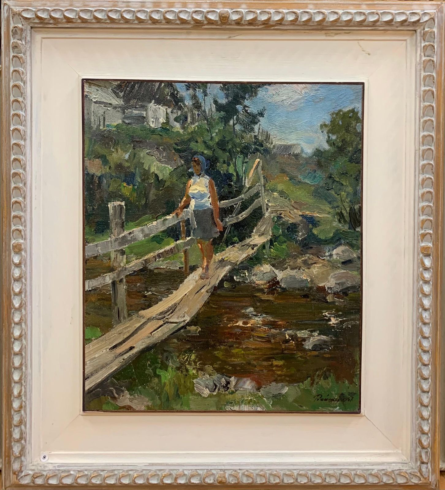 Leonid Vaichilia "Bridge Over The Brook"Woman, Countryside, Green Oil.