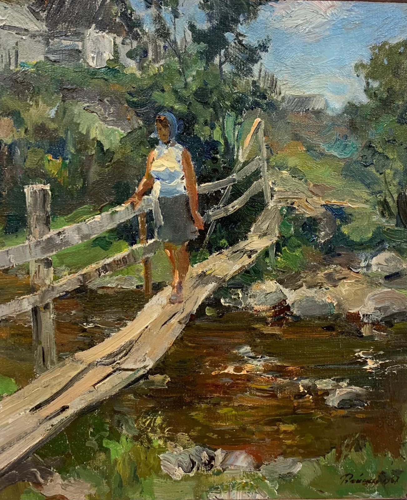 Leonid Vaichilia "Bridge Over The Brook"Woman, Countryside, Green Oil. photo furniture