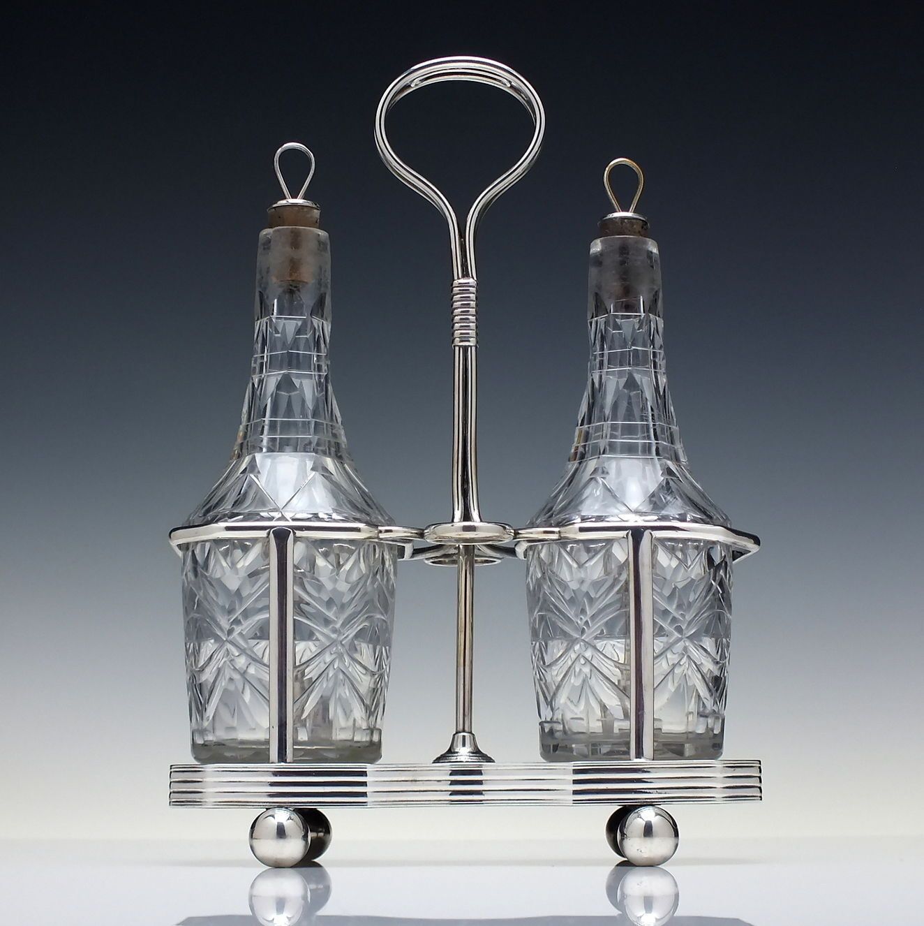 Pair Of Georgian Irish Cut Glass Oil & Vinegar Cruet Bottles With Silver Plated Stand C1770 80 photo for sale