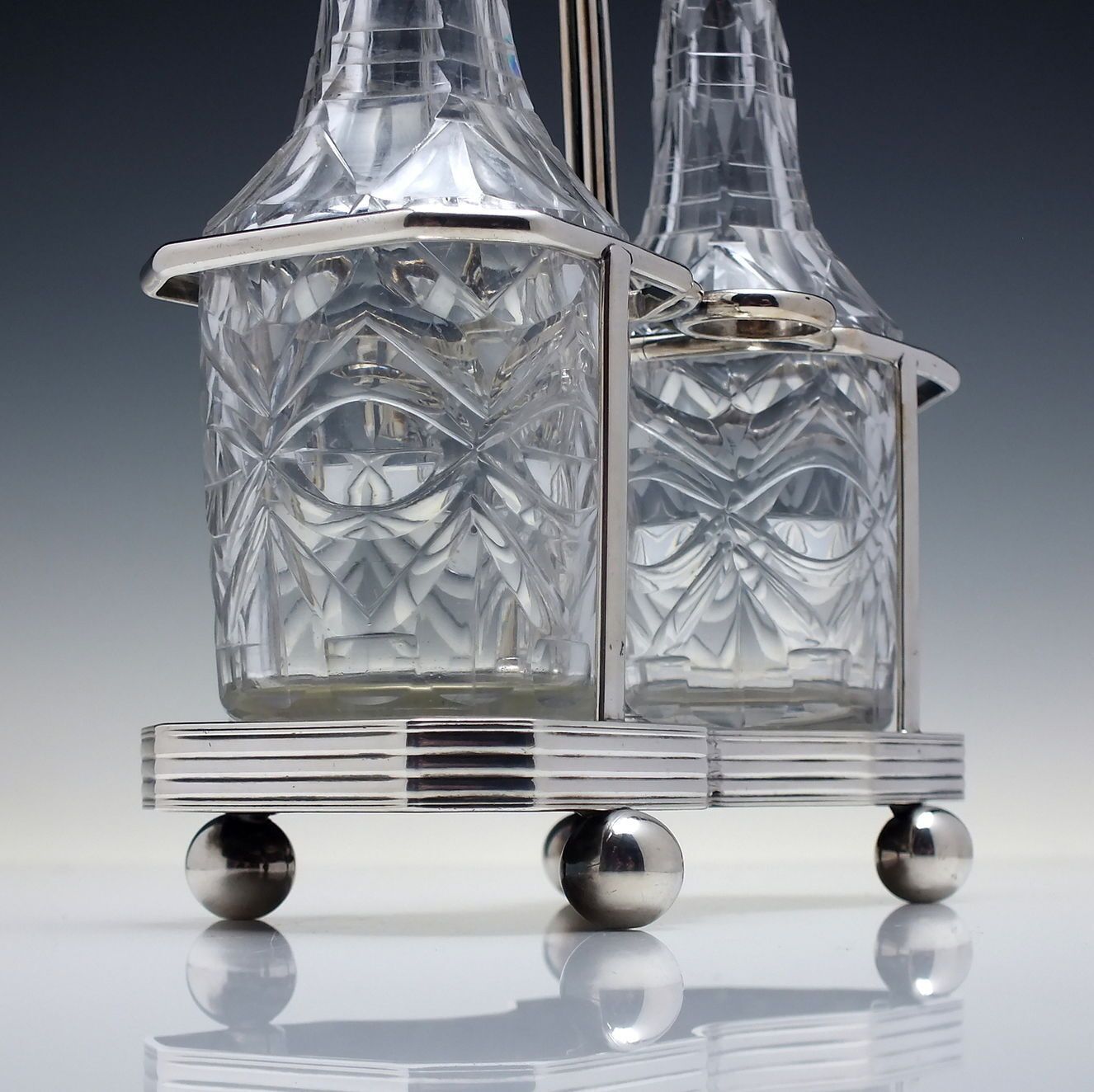 Pair Of Georgian Irish Cut Glass Oil & Vinegar Cruet Bottles With Silver Plated Stand C1770 80 photo 245.0