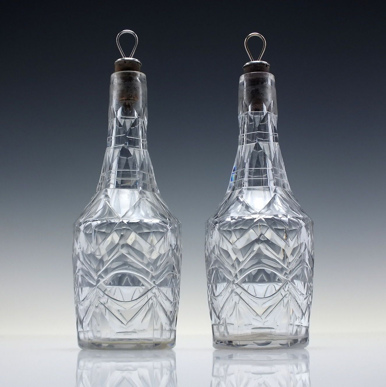Pair Of Georgian Irish Cut Glass Oil & Vinegar Cruet Bottles With Silver Plated Stand C1770 80 photo vinterior