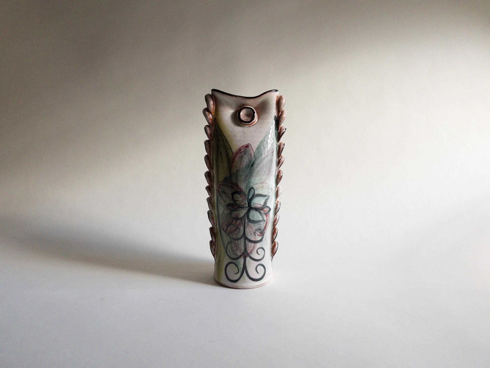 Swiss Studio Pottery   Unique Handmade Vase   Frilled Floral Sculptural Vase   Signed