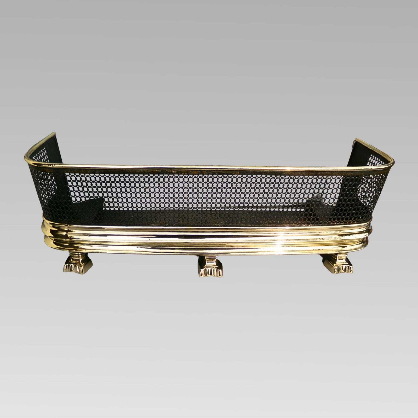 Antique 19th Century Polished Brass & Pierced Fireplace Fender, Club Lions Fire.