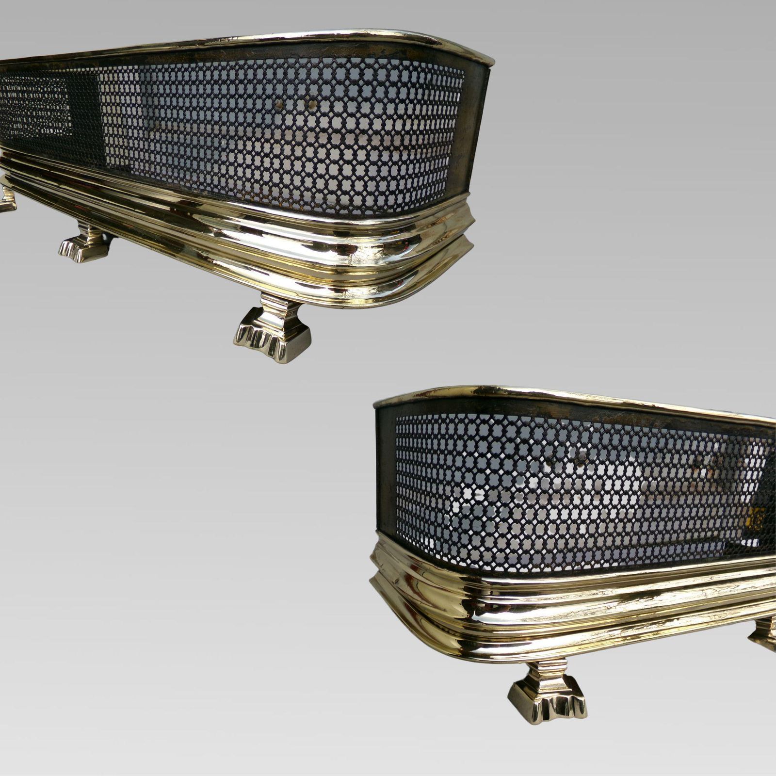 Antique 19th Century Polished Brass & Pierced Fireplace Fender, Club Lions Fire. photo Home Fixtures