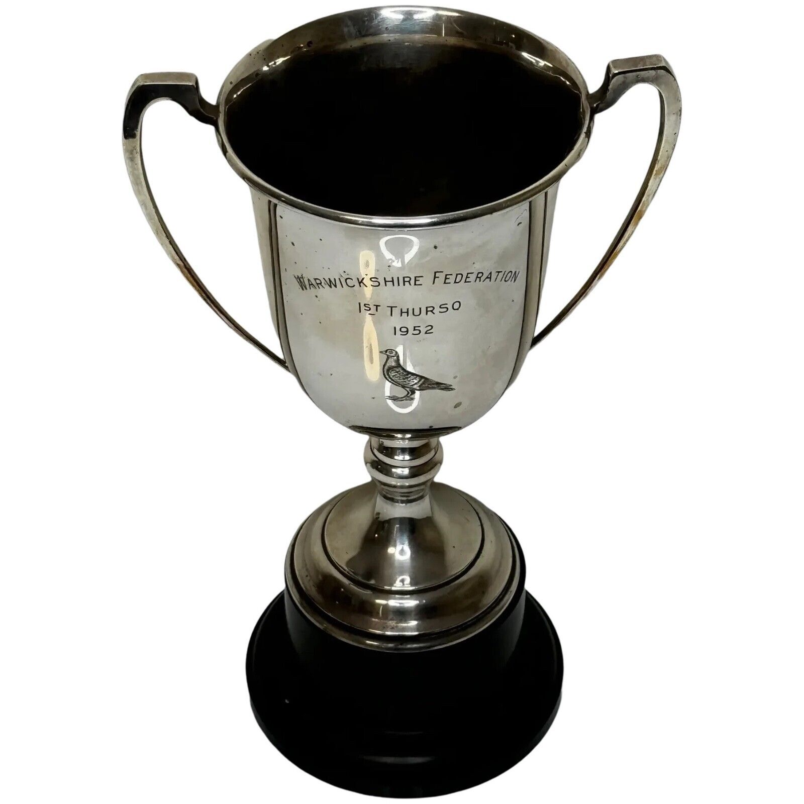 Vintage British Silver Plate Pigeon Racing Trophy Cup Warwickshire Federation 1952