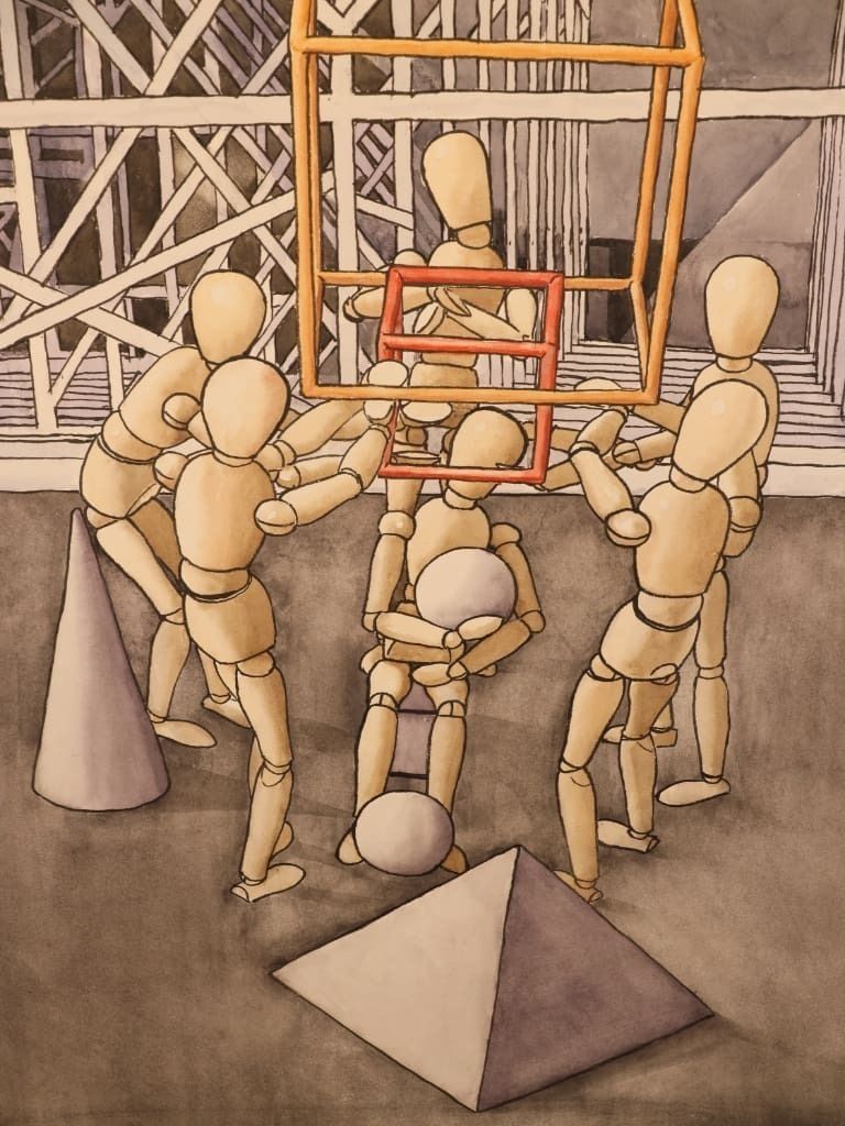 Derek Carruthers (1935–2021) – Construction Scene With Mannequin Figures – Original Watercolour, 1997 photo furniture