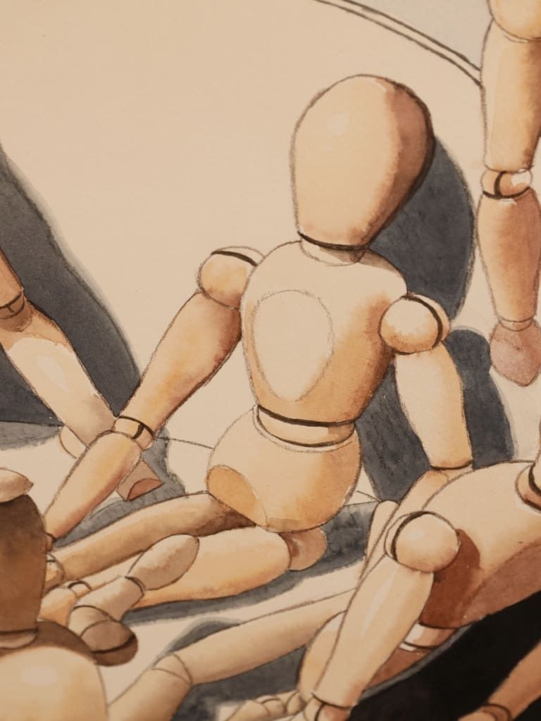 Derek Carruthers (1935–2021) – The Mannequin Gathering – Dated 1996 Original Watercolour photo buy