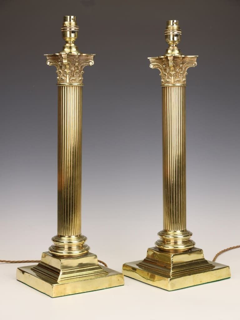 A Magnificent Pair Of 19th Century Brass Corinthian Column Table Lamps