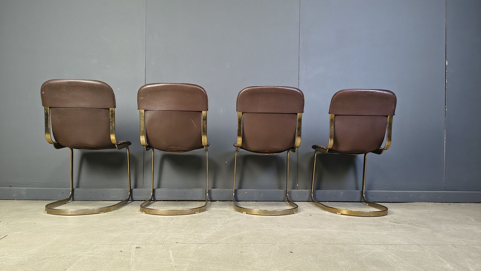 Vintage Brass And Brown Leather Dining Chairs By Willy Rizzo For Cidue Set Of 4, 1970s photo 2000.0