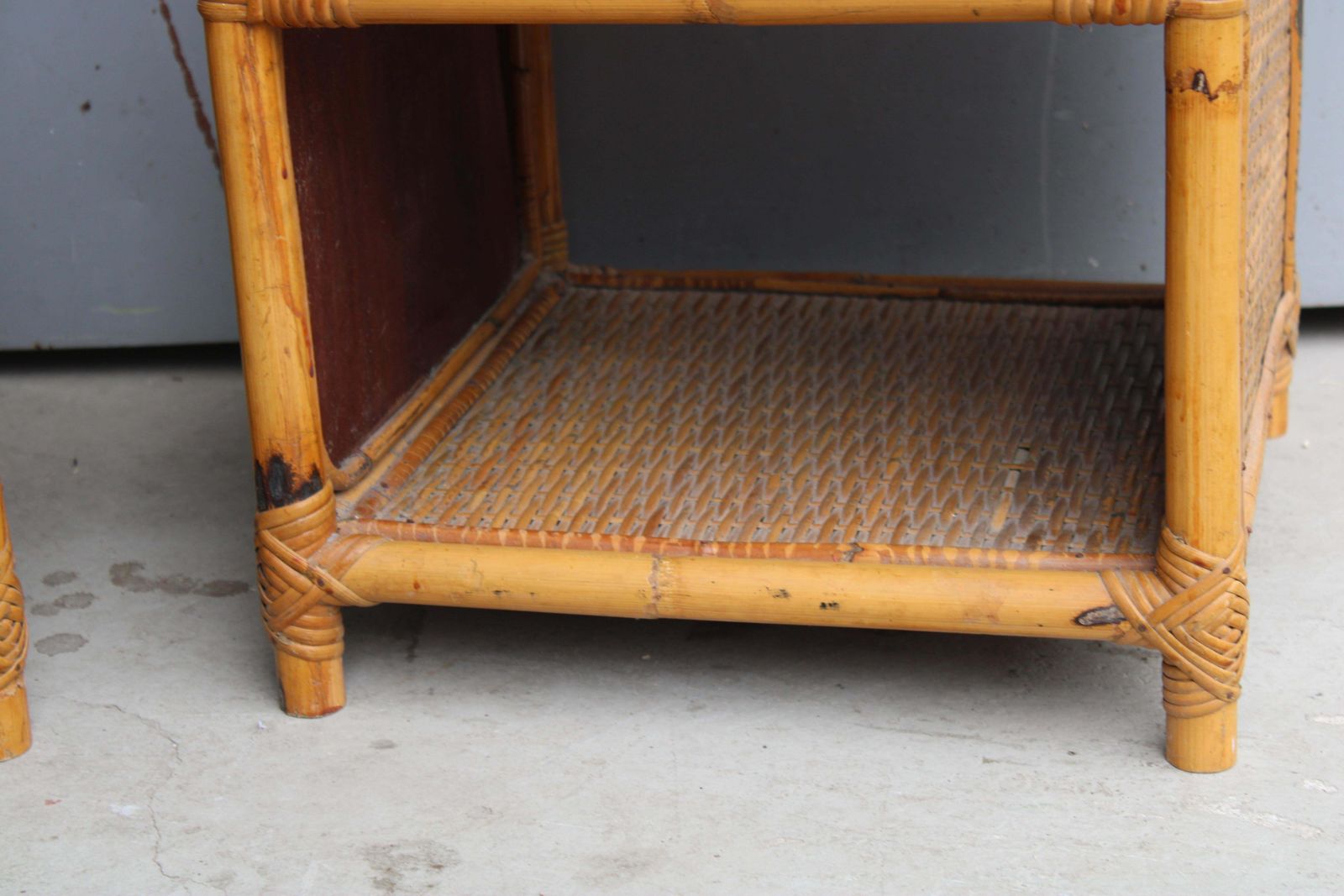 Pair Of Cube Shaped Bamboo Bedside Table With Drawer And Shelf Italy 1970s. photo 1595.0