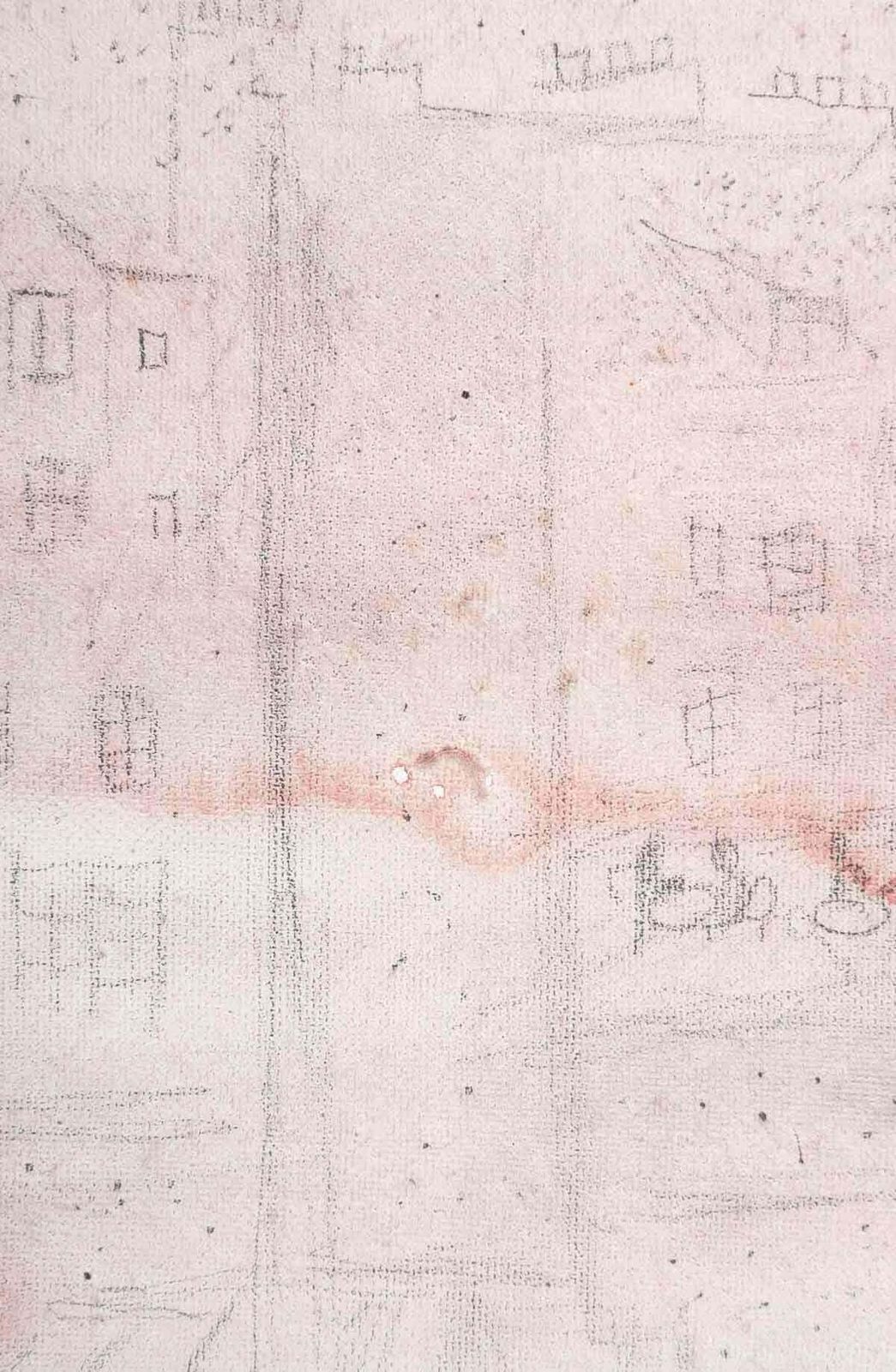 Drawing On Canvas By Jochen Michaelis, View Of A Village And Its Red Mist. photo 1429.0