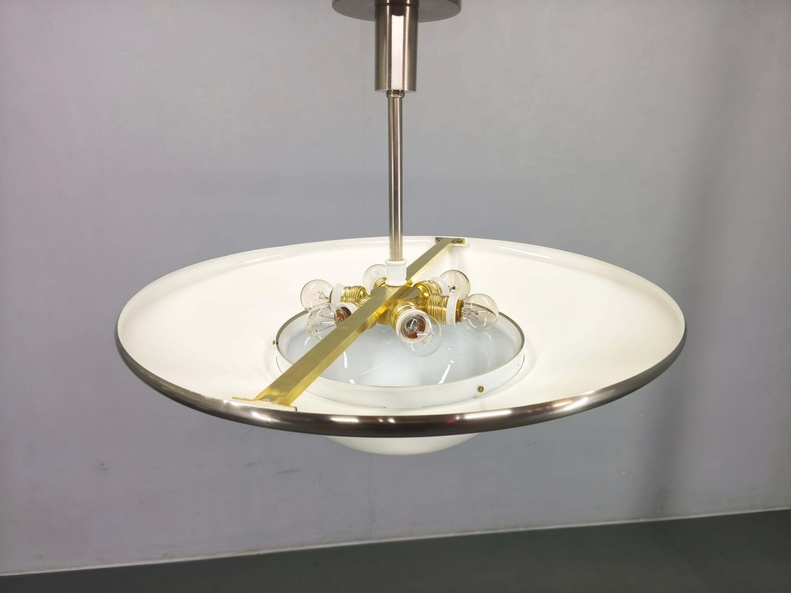Bauhaus Pendant Light In Nickel And Glass, 1930s Czechoslovakia. photo Lighting