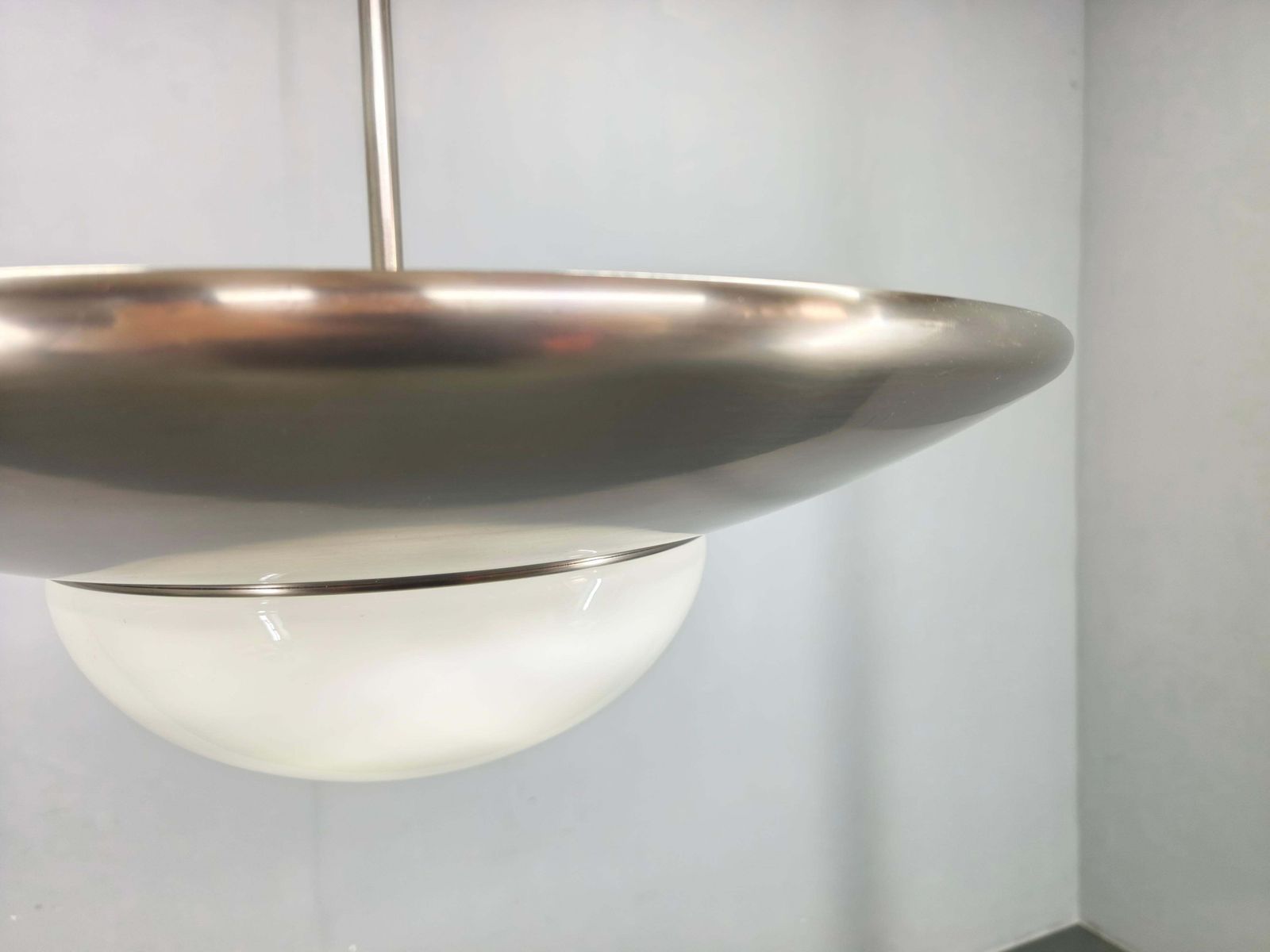 Bauhaus Pendant Light In Nickel And Glass, 1930s Czechoslovakia. photo vinterior