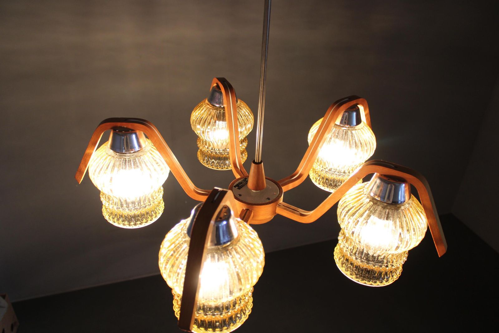 Mid Century Czech Wood Glass Chandelier, 1970s Restored. photo furniture
