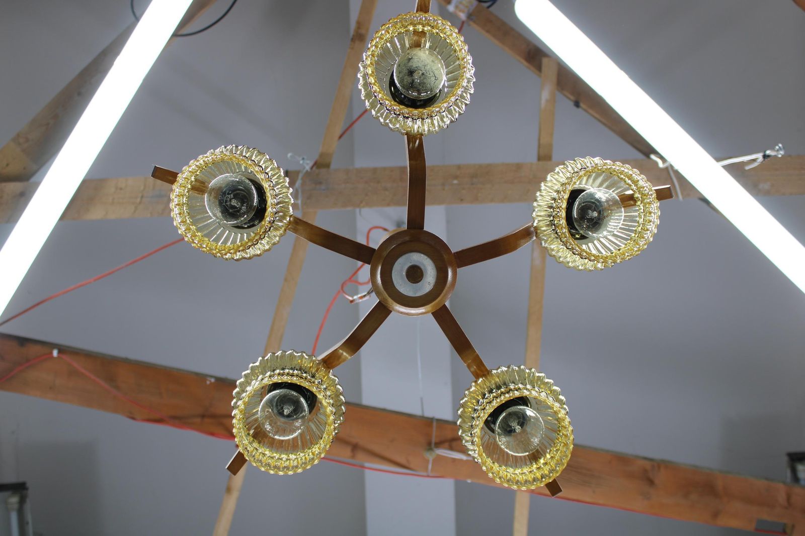 Mid Century Czech Wood Glass Chandelier, 1970s Restored. photo vinterior
