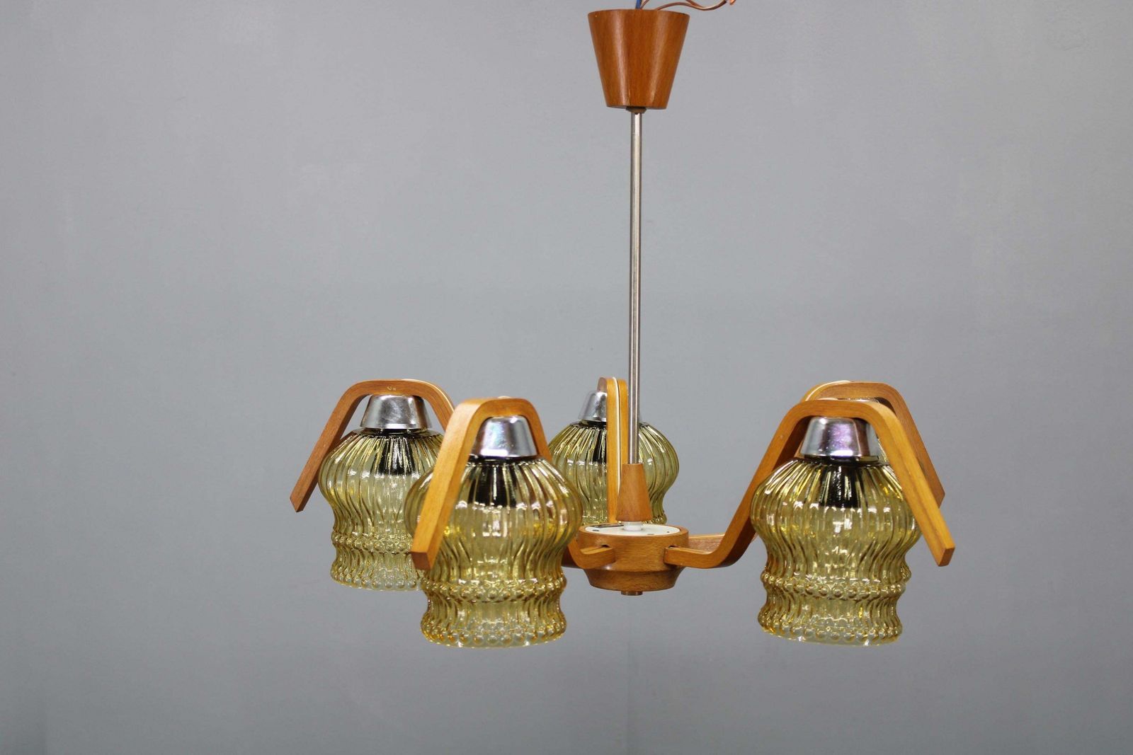 Mid Century Czech Wood Glass Chandelier, 1970s Restored. photo vintage
