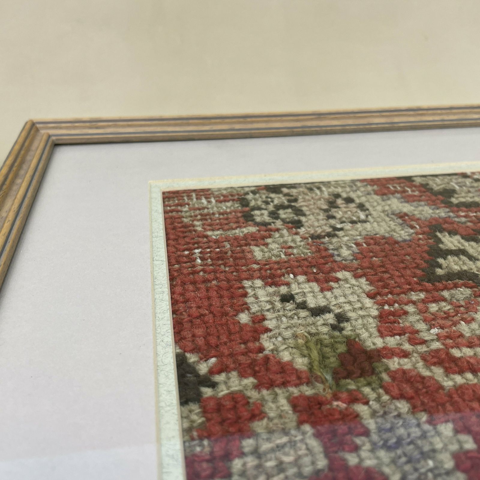 Antique Framed Kilim Rug Carpet Fabric Patch Fragment Handmade Woven Picture Wood Frame Art Vintage Textile 40.5x35cm Wall Traditional Red photo 98.0