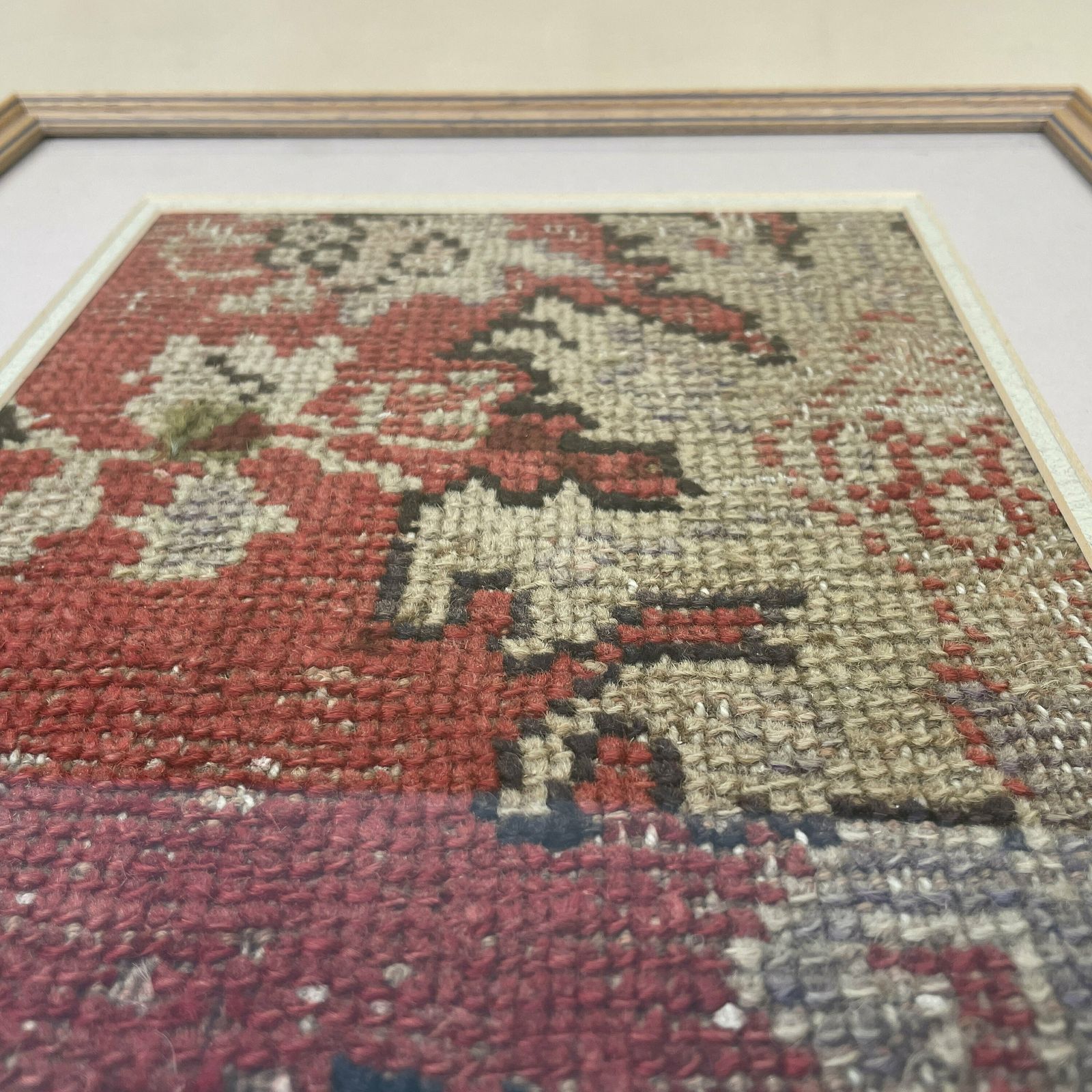 Antique Framed Kilim Rug Carpet Fabric Patch Fragment Handmade Woven Picture Wood Frame Art Vintage Textile 40.5x35cm Wall Traditional Red photo buy