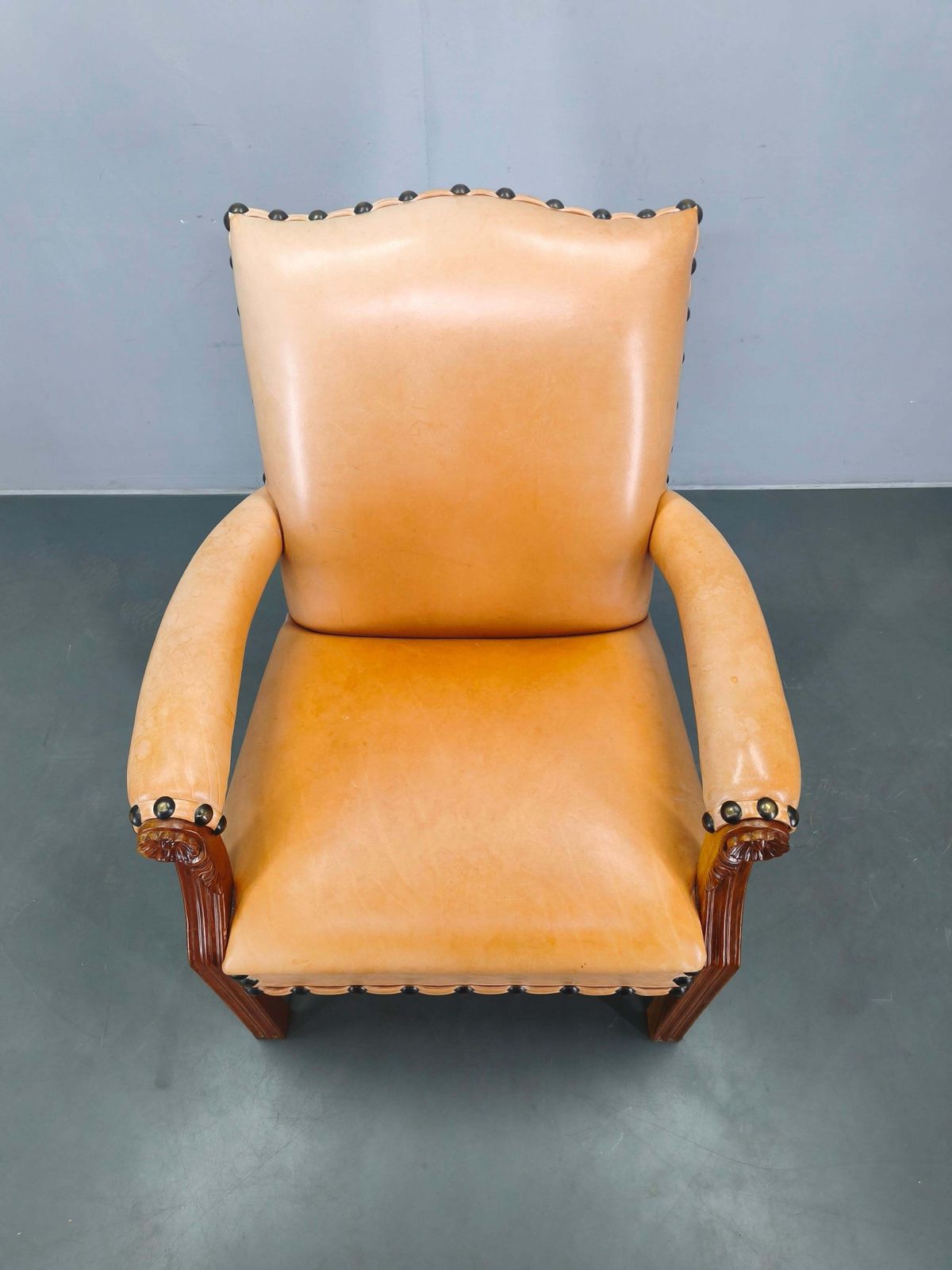 Antique Danish Leather Armchair Carved Wood Club Chair, Early 1900s. photo for sale