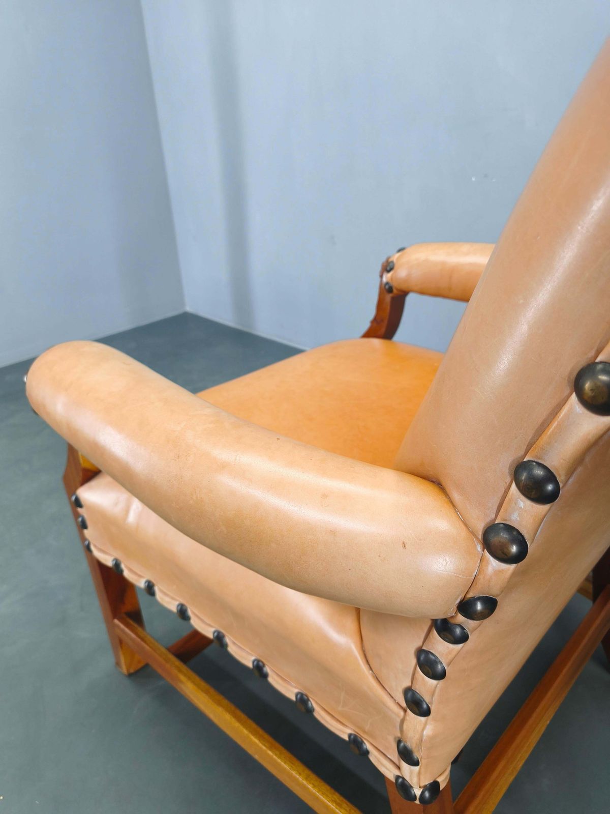 photo for sale Antique Danish Leather Armchair Carved Wood Club Chair, Early 1900s.