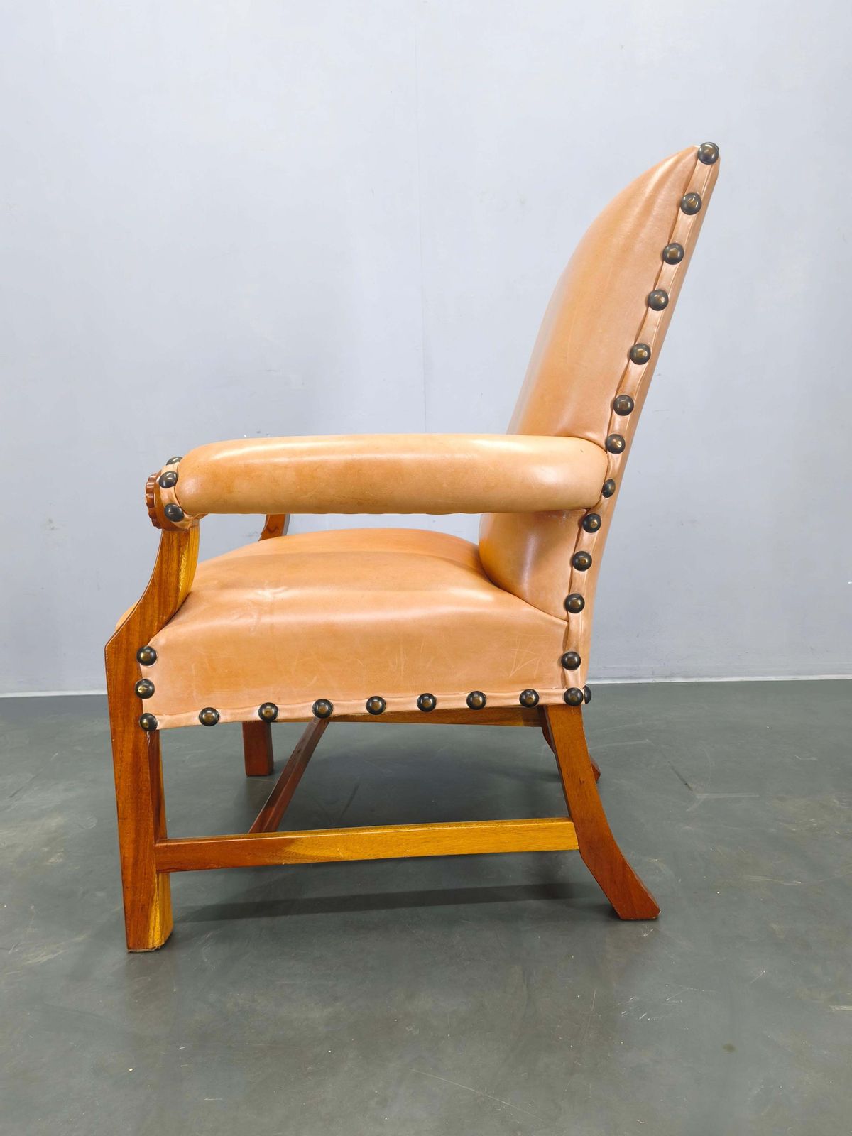 Furniture Antique Danish Leather Armchair Carved Wood Club Chair, Early 1900s. photo