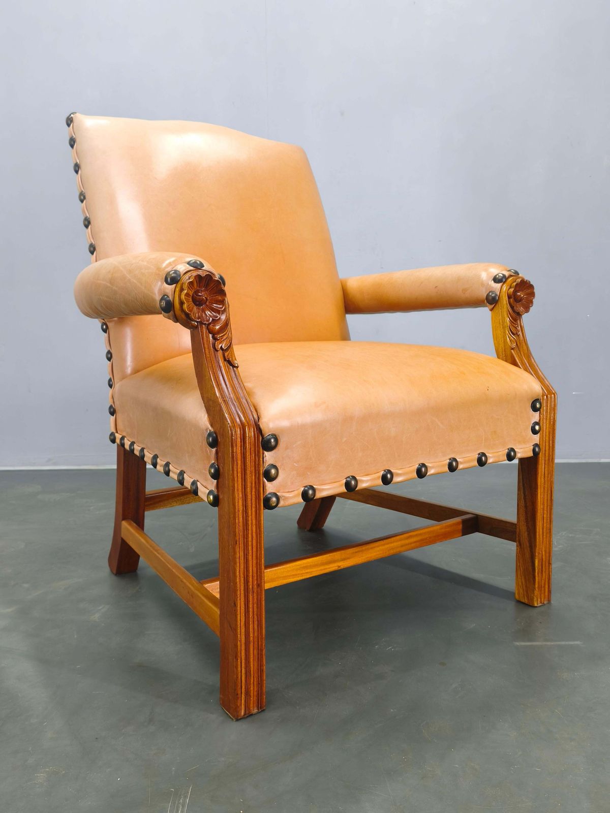 photo buy Antique Danish Leather Armchair Carved Wood Club Chair, Early 1900s.