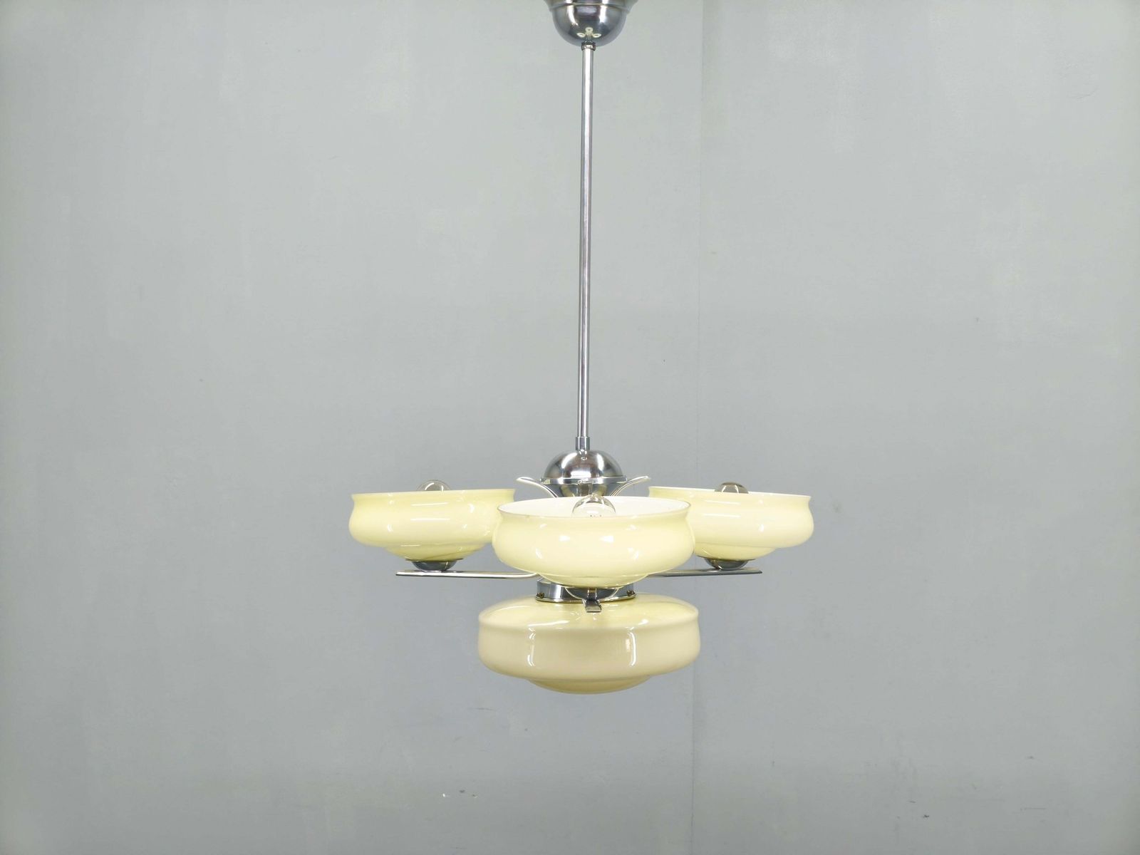 Bauhaus Chandelier Czechoslovakia 1930s Milk Glass Chrome Pendant. photo furniture