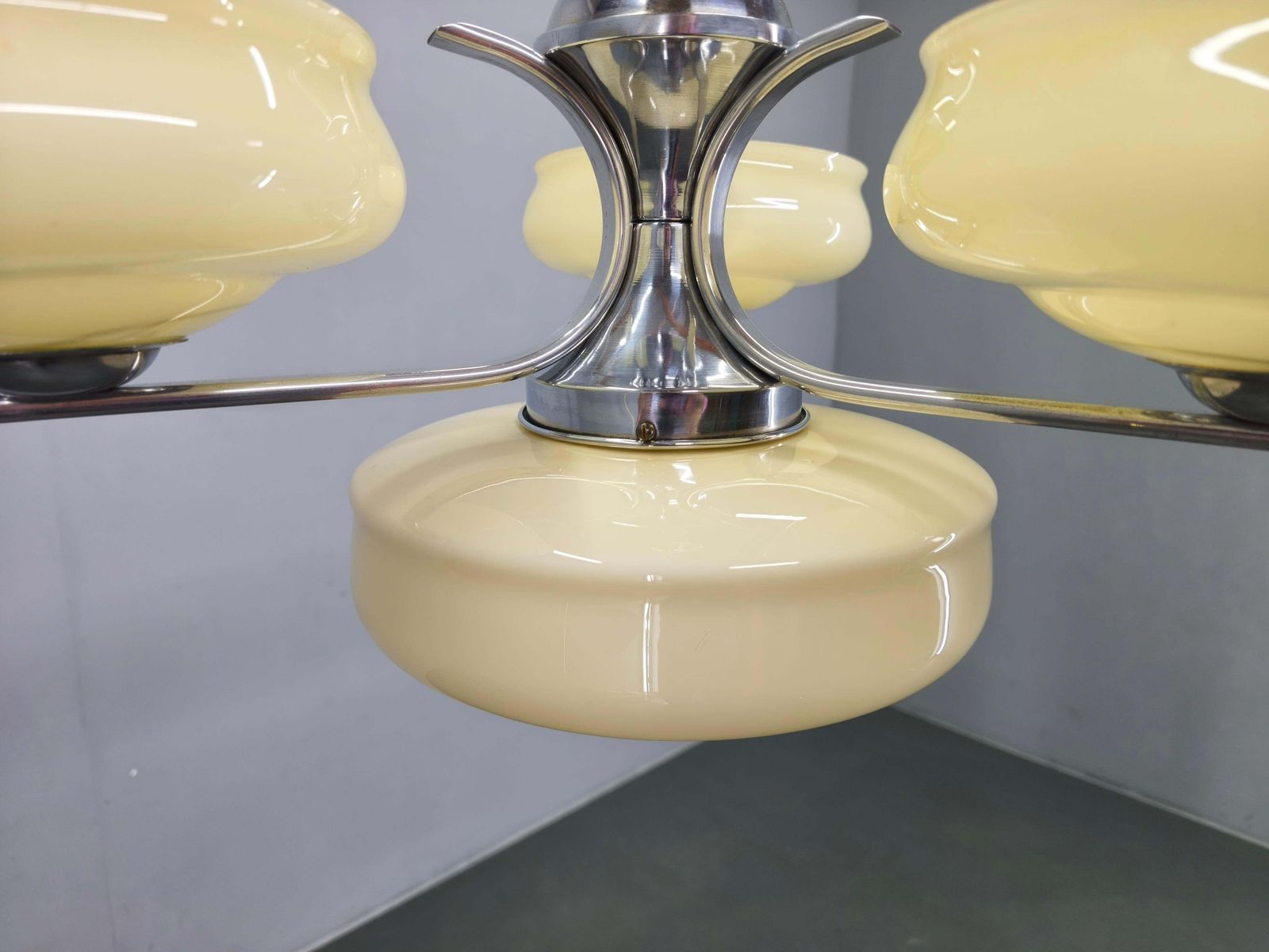Bauhaus Chandelier Czechoslovakia 1930s Milk Glass Chrome Pendant. photo vinterior