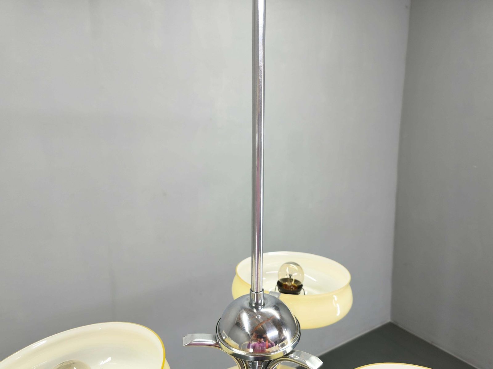 Bauhaus Chandelier Czechoslovakia 1930s Milk Glass Chrome Pendant. photo vintage