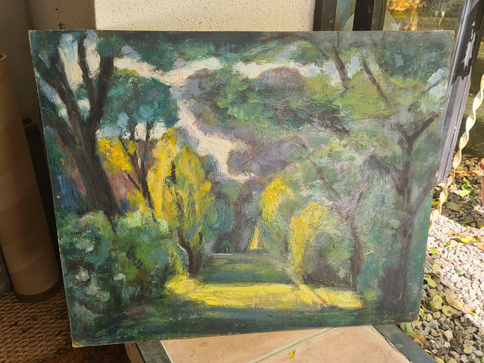 photo furniture Jean Perret Sunny Wooded Glade, Mid Century Oil On Board Landscape, 54x64 Cm.