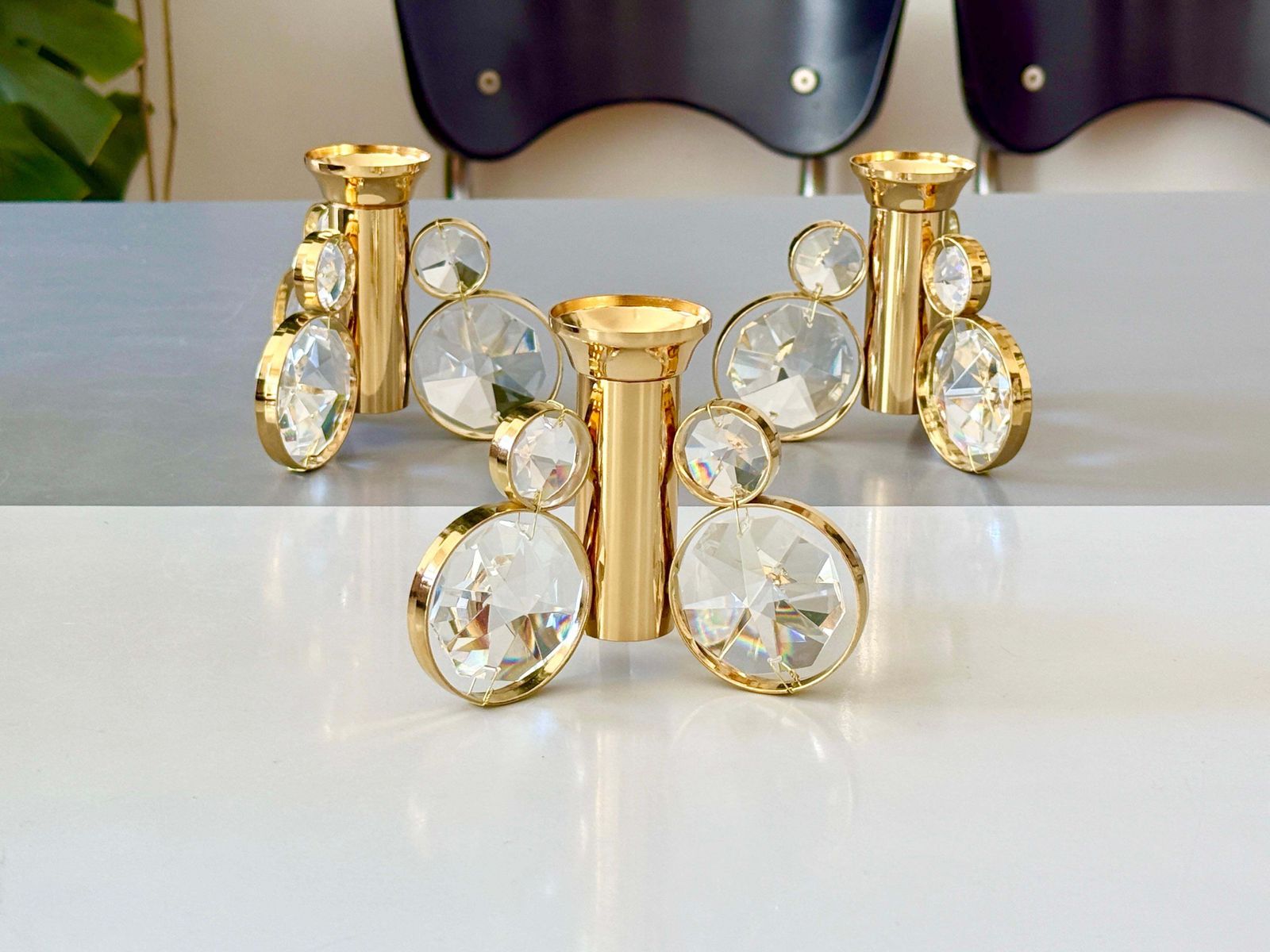 Set Of 6 Palwa Gaetano Sciolari Style Brass & Crystal Candle Holder Candlestick. photo for sale