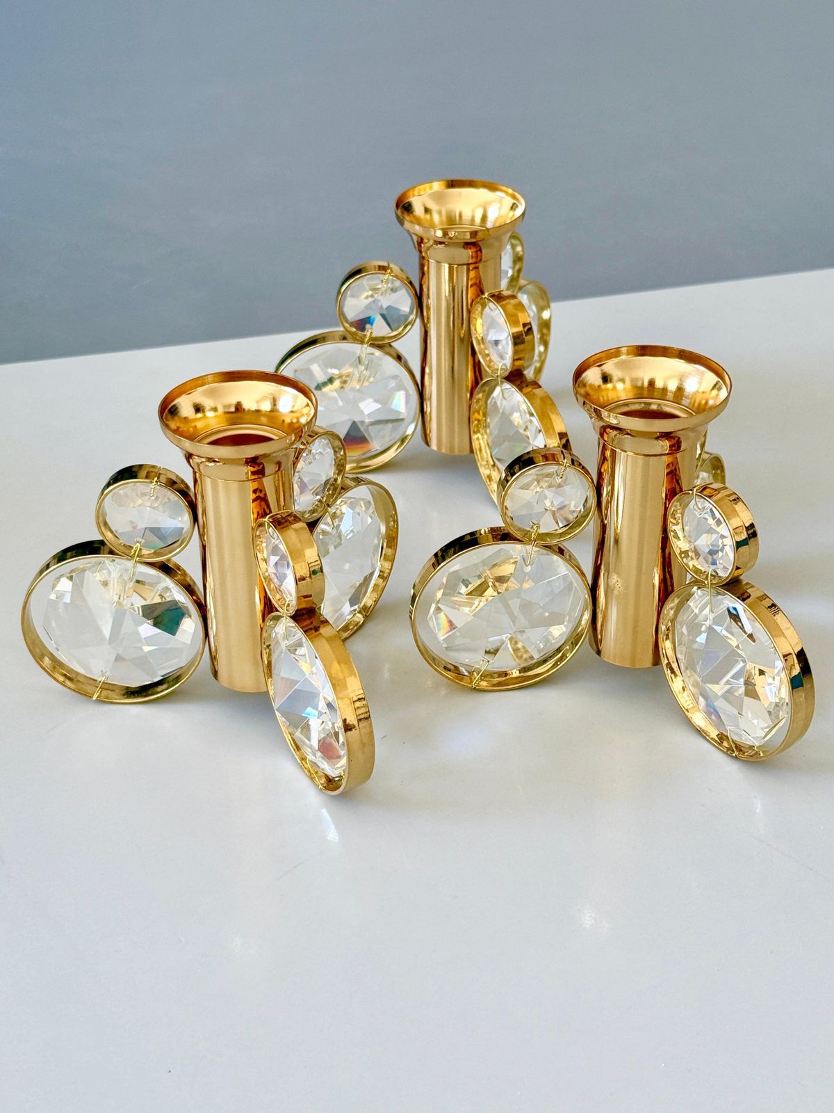 photo furniture Set Of 6 Palwa Gaetano Sciolari Style Brass & Crystal Candle Holder Candlestick.