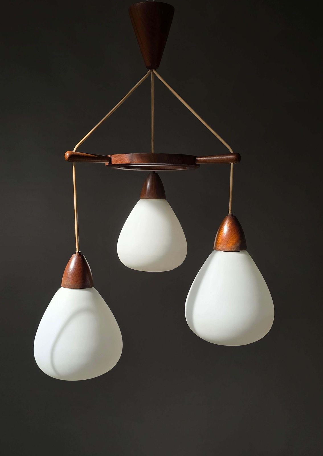 Danish Mid Century Teak And Opaline Glass 3 Light Chandelier, 1960s photo for sale