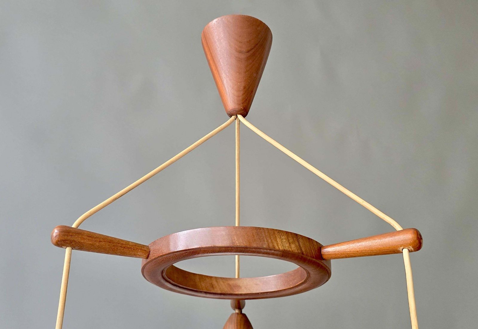 Danish Mid Century Teak And Opaline Glass 3 Light Chandelier, 1960s photo vintage