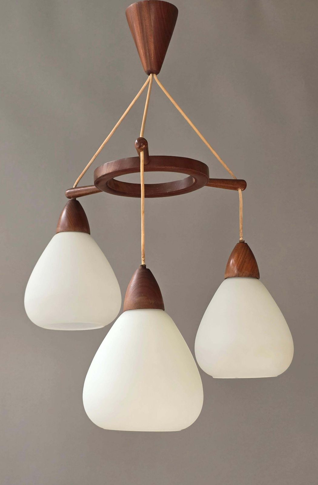 Lighting Danish Mid Century Teak And Opaline Glass 3 Light Chandelier, 1960s photo