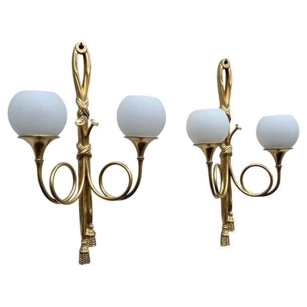 Pair Of French Neoclassical Style Gilt Brass Wall Sconces With Opaline Glass photo vinterior
