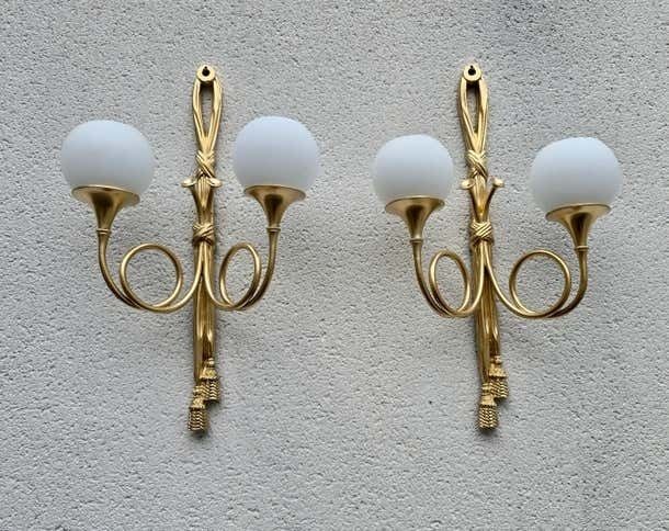 Pair Of French Neoclassical Style Gilt Brass Wall Sconces With Opaline Glass photo buy