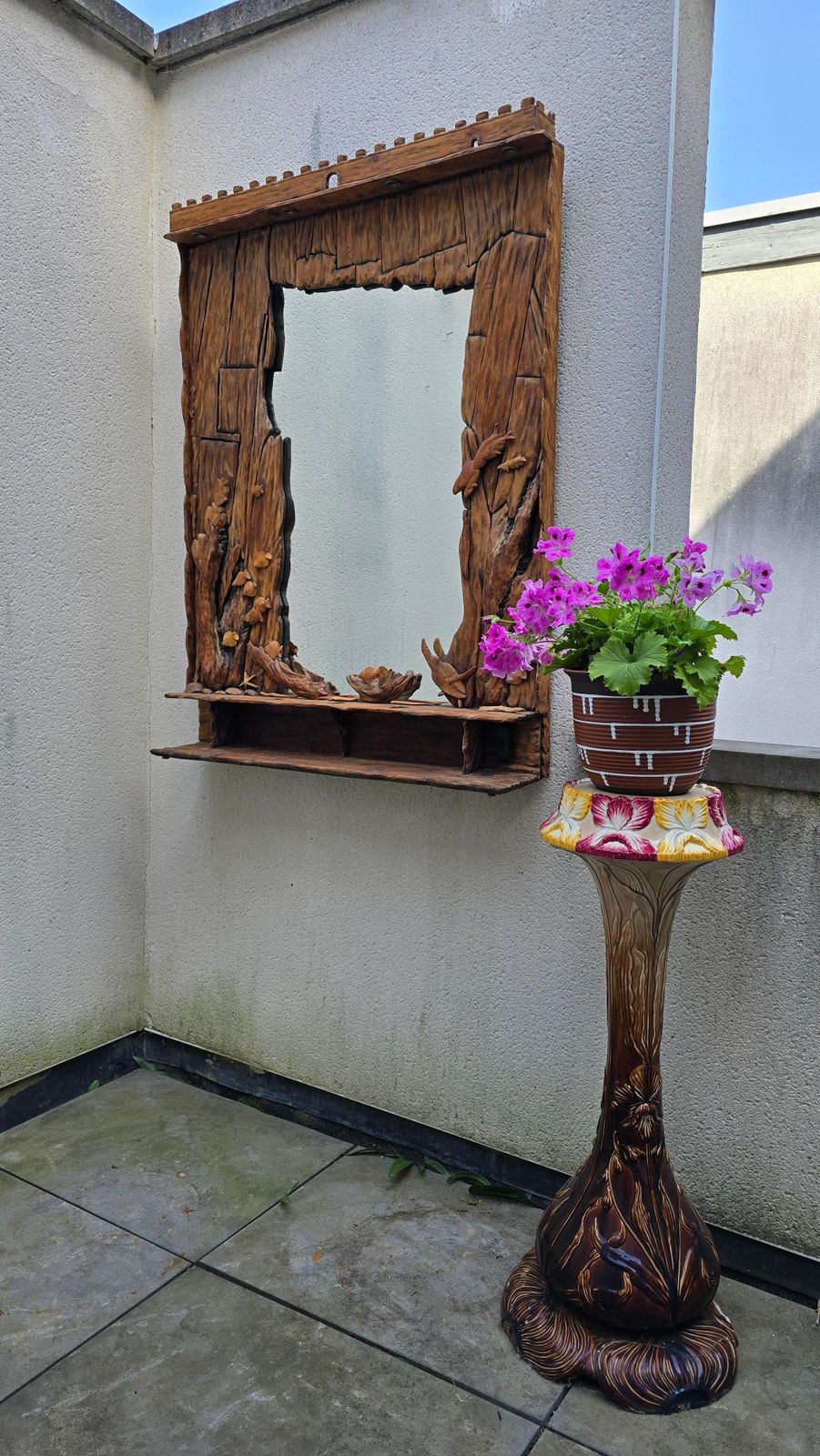 Hand Carved Wooden Mirror With Ocean Motifs And Integrated Lighting photo Home Decor