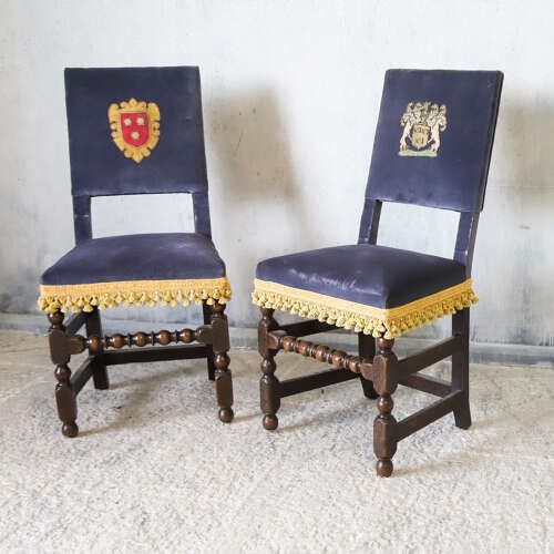 Matched Pair Scottish Oak Armorial Clan Chairs Velvet Upholstery Heraldic Crests C 1650 photo for sale