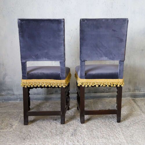 photo for sale Matched Pair Scottish Oak Armorial Clan Chairs Velvet Upholstery Heraldic Crests C 1650