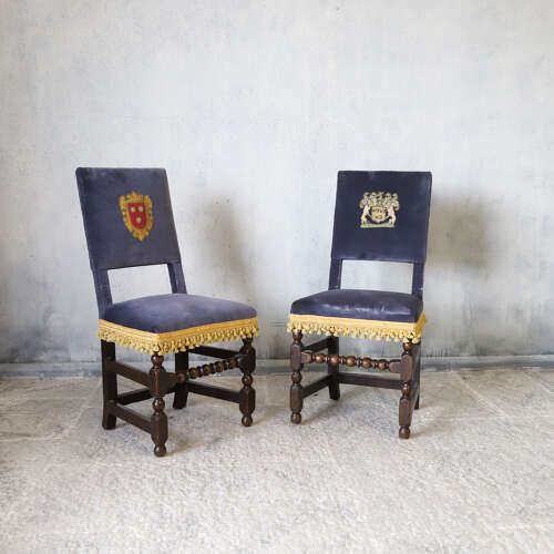 2995.0 Matched Pair Scottish Oak Armorial Clan Chairs Velvet Upholstery Heraldic Crests C 1650 photo