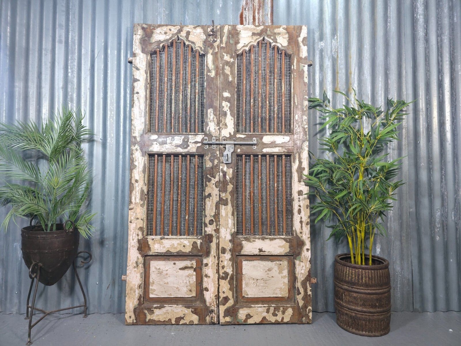 Pair Vintage Rustic Indian Wooden Iron Doors Garden Gates Room Divider Screen