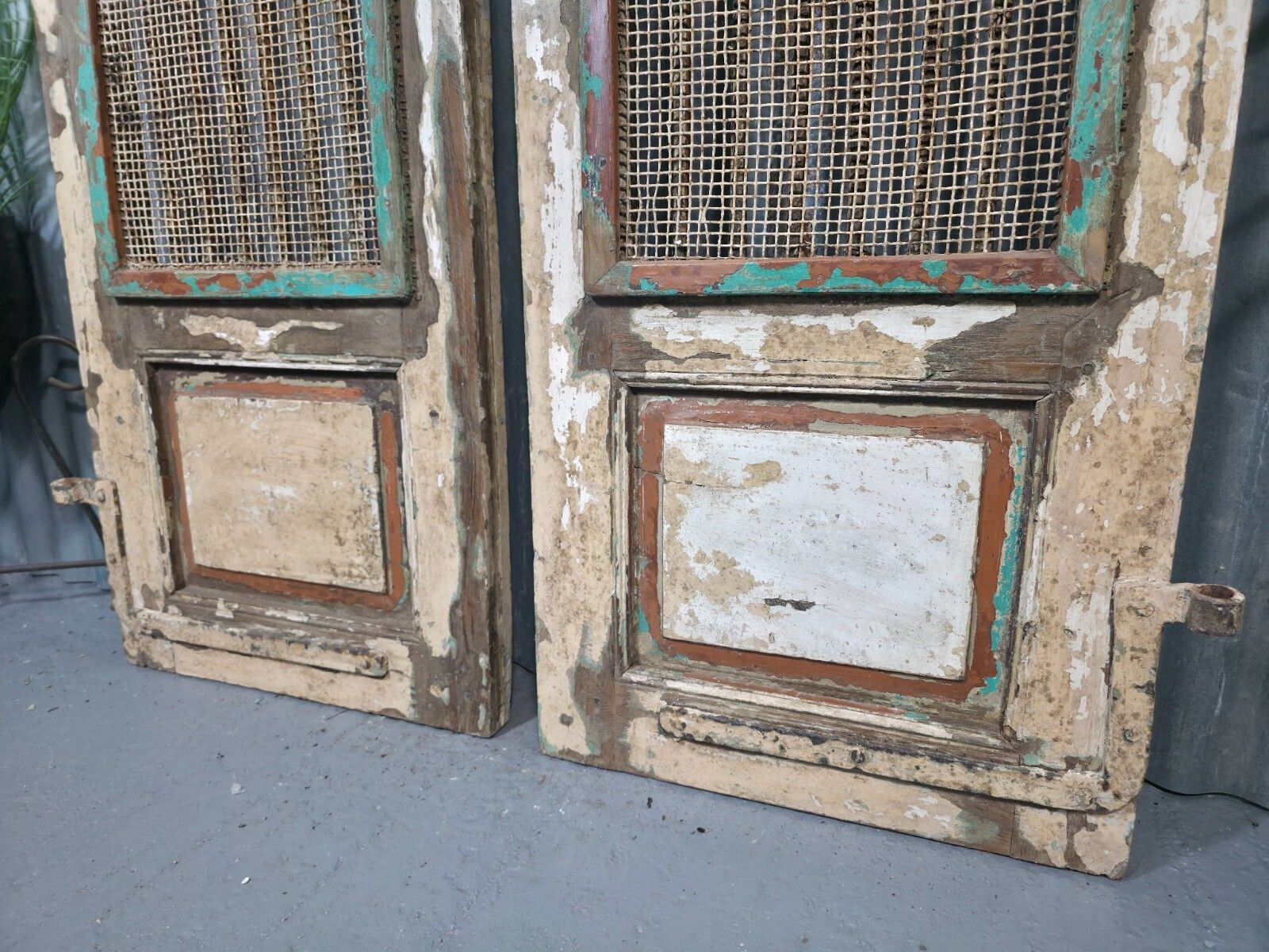 Pair Vintage Rustic Indian Wooden Iron Doors Garden Gates Room Divider Screen photo vintage