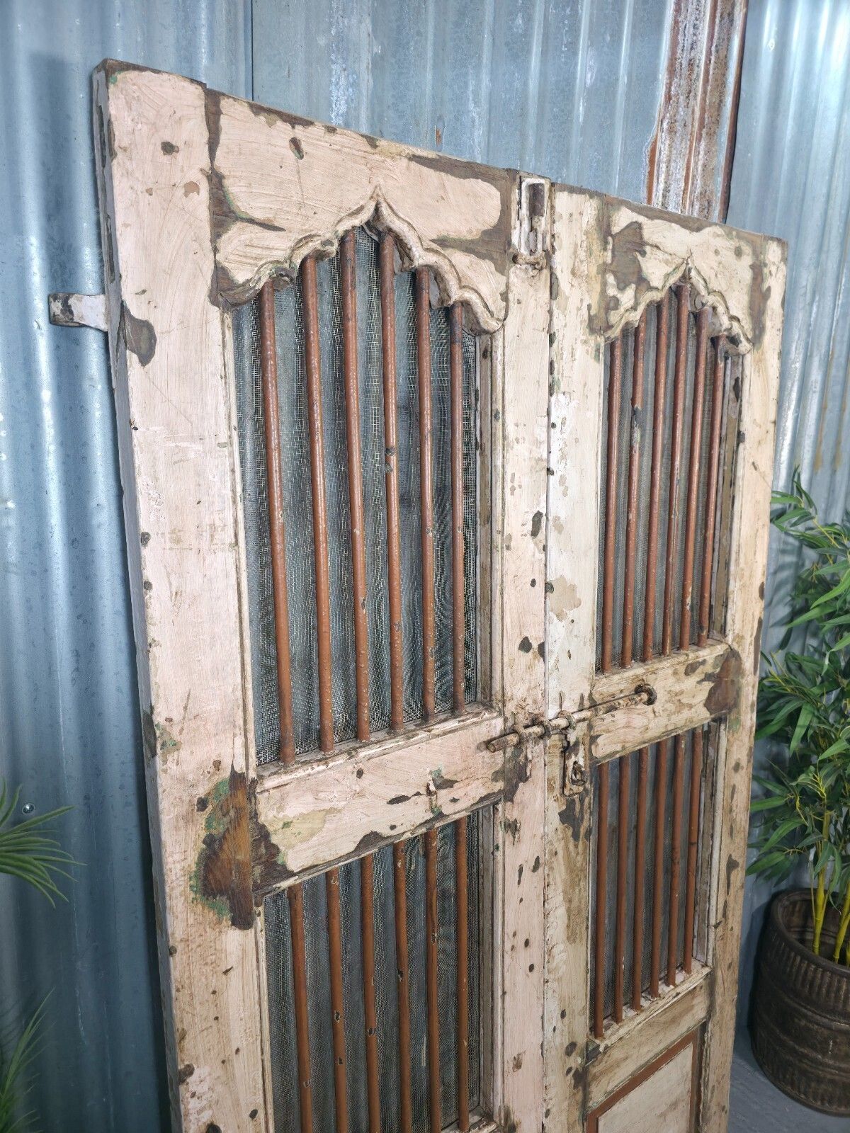 Pair Vintage Rustic Indian Wooden Iron Doors Garden Gates Room Divider Screen photo Home Fixtures