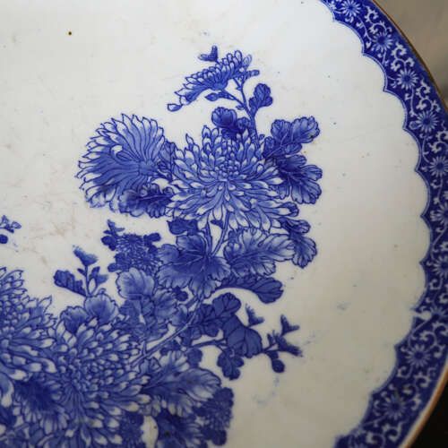 Large 19th‑Century Blue‑And‑White Chrysanthemum Charger Large 19th‑Century Blue‑And‑White Chrysanthemum Charger Large 19th‑Century Blue‑And‑White Chr photo for sale
