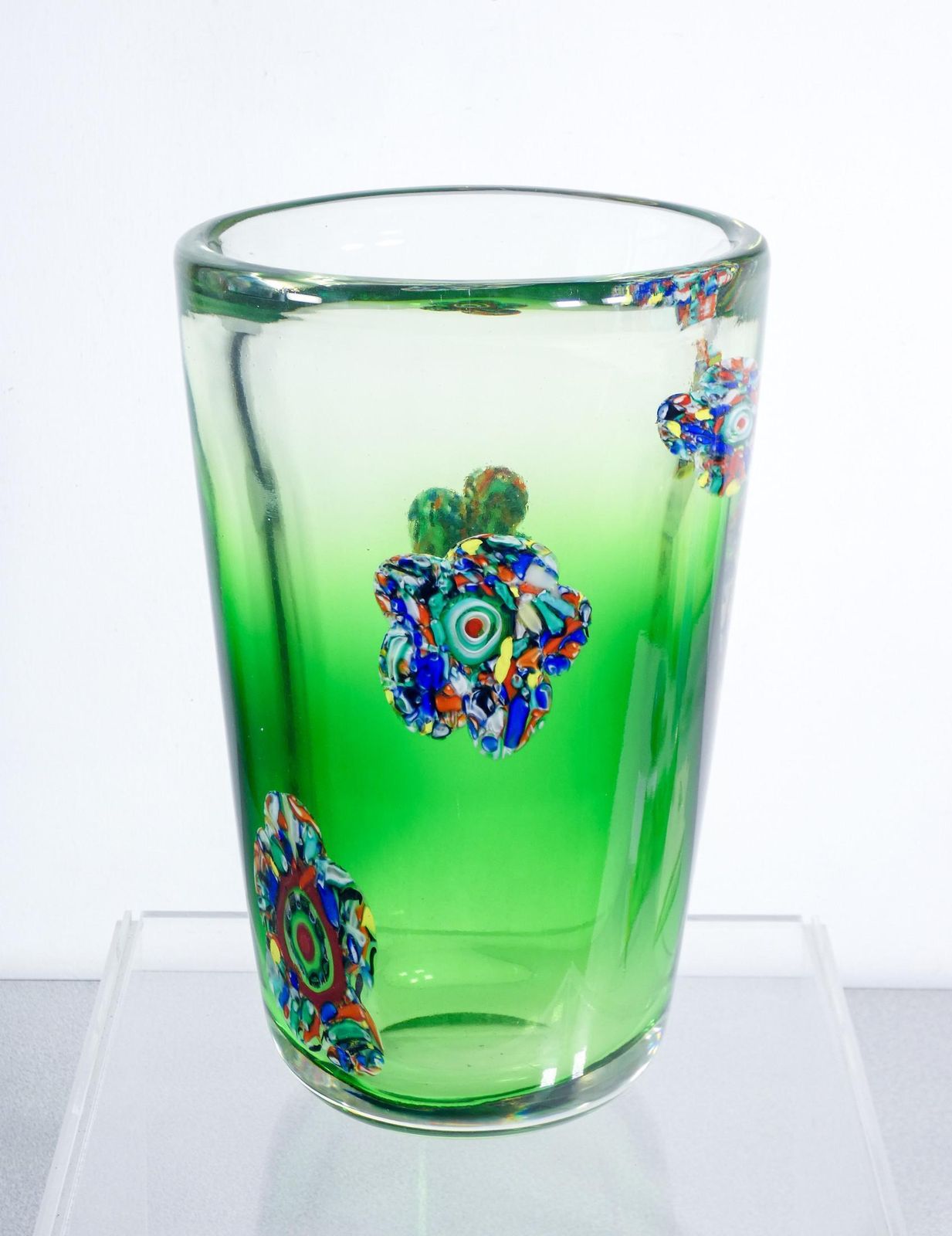 Large Murano Blown Glass Vase Decorated With Flowers And Murrine. 1990s photo furniture