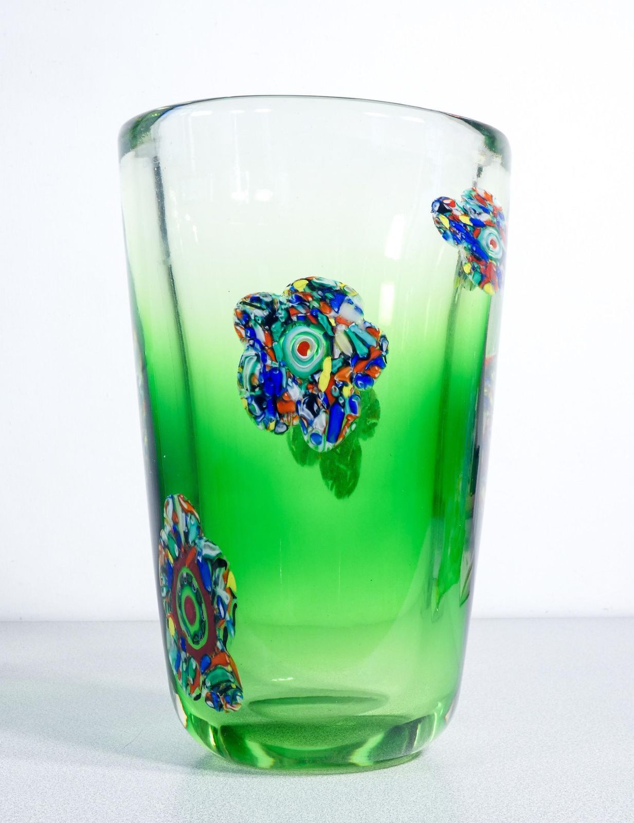 Large Murano Blown Glass Vase Decorated With Flowers And Murrine. 1990s photo for sale